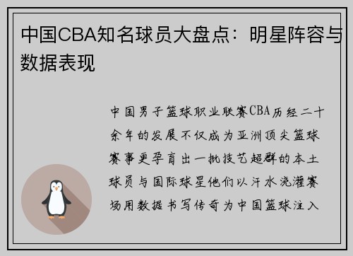 中国CBA知名球员大盘点：明星阵容与数据表现